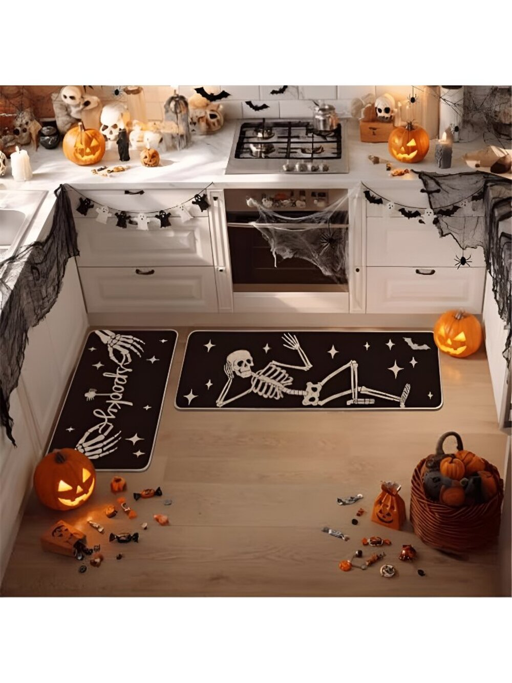 Spooky Skeleton Spider Bone Black Halloween Kitchen Mats Set of 2,
